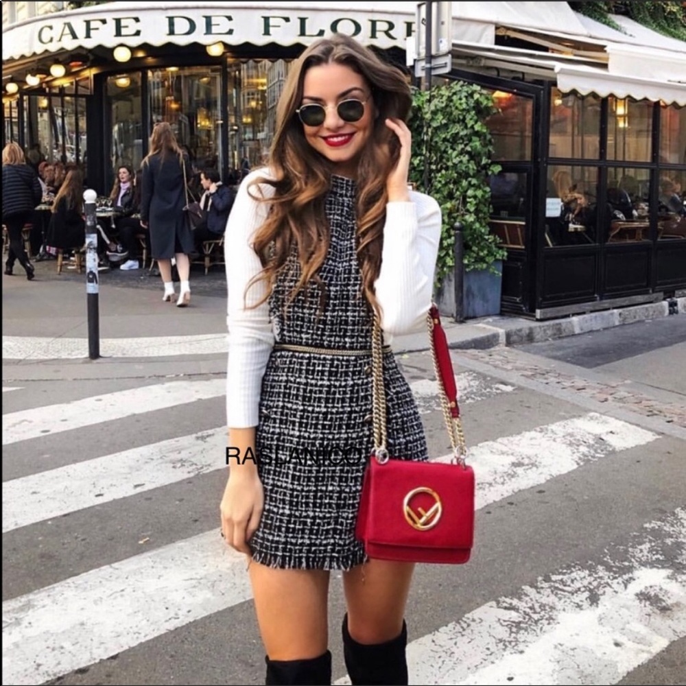 Zara tweed black jumpsuit with chain